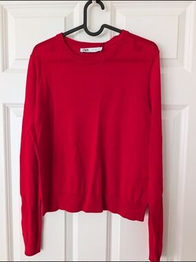 ZARA Red Ribbed Crewneck Sweater